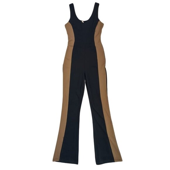 Women's Black and Tan Color Block Sleeveless Flare Leg Scoop Neck Jumpsuit, M. - Picture 1 of 8
